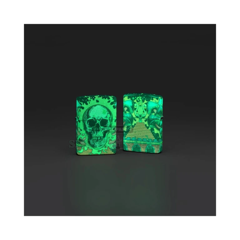Zippo 48640 Trippy Skull lighter open with the windproof flame lit, showing the two-sided 540 Color design