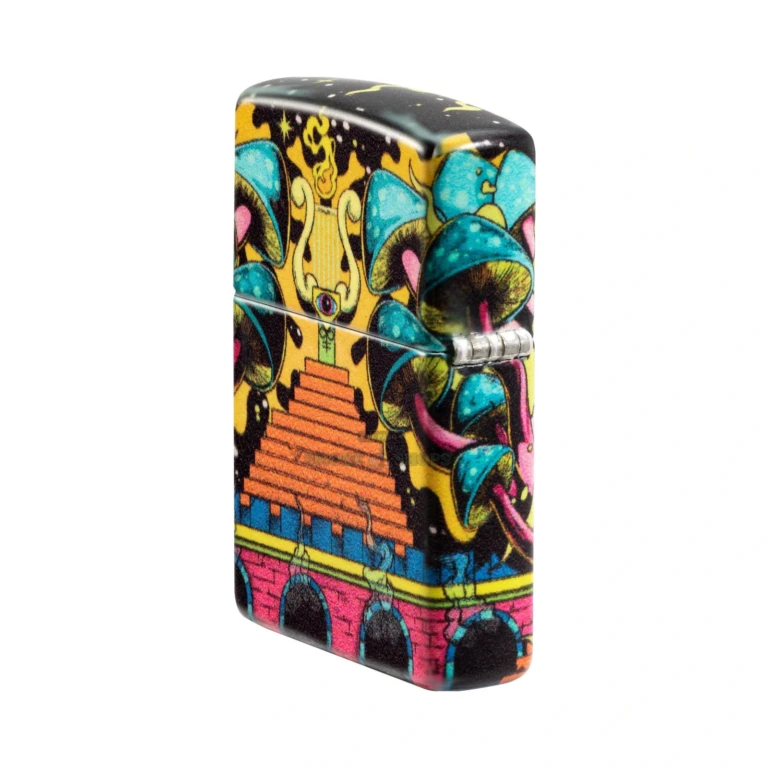 Zippo Trippy Skull 540 Color glow-in-the-dark lighter 48640 standing closed, skull and mushrooms wrapping the case