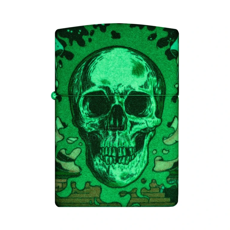 Zippo Trippy Skull 540 Color glow-in-the-dark lighter 48640 standing closed, skull and mushrooms wrapping the case