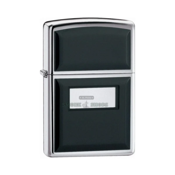 Zippo Ultralite Black Emblem 355 lighter, high polish chrome case with black front panel and engravable center frame