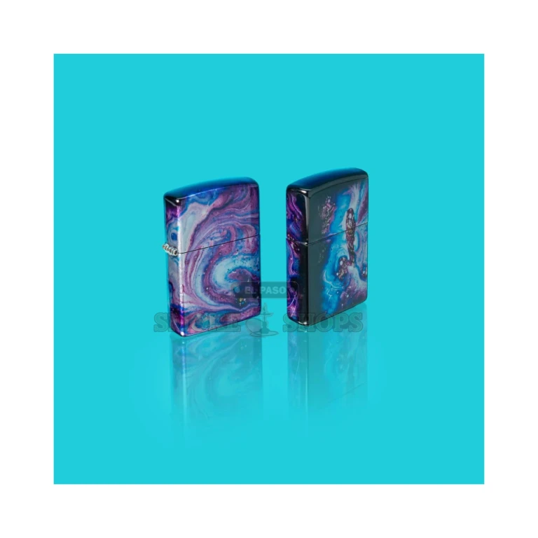 Close-up of the Zippo 48547 Universe Astro 540 Fusion finish showing the metallic, iridescent star and nebula wrap