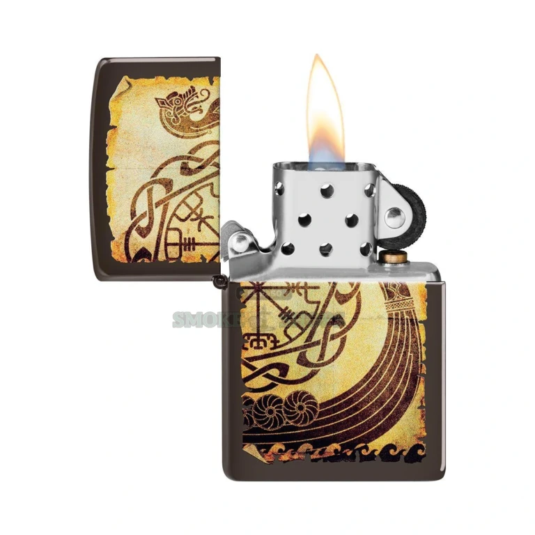 Brown matte Zippo Viking Warship case showing the torn-parchment artwork detail