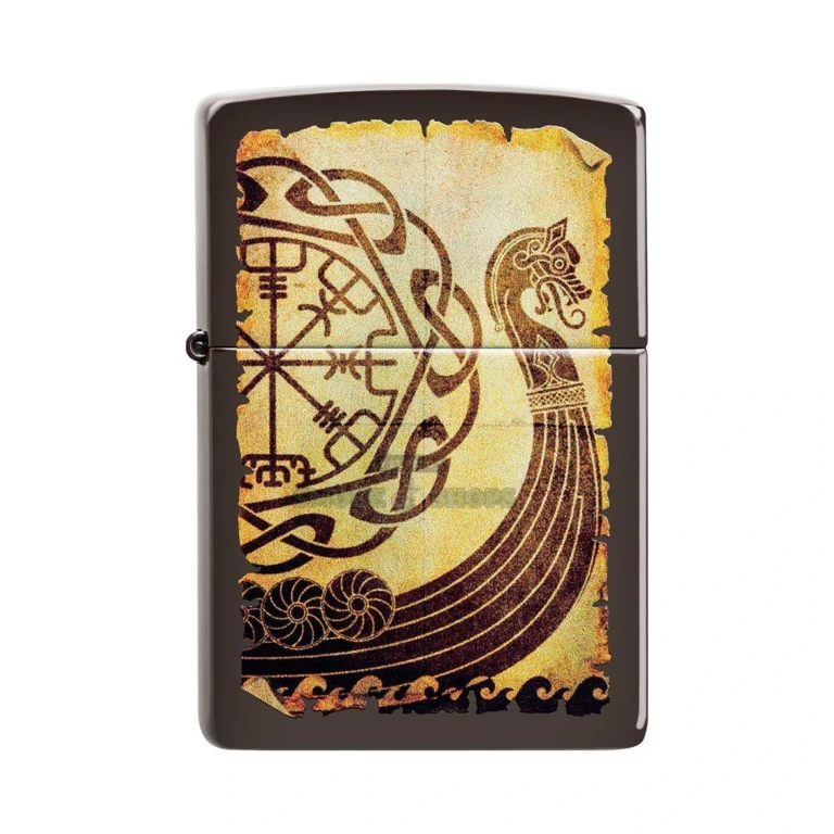 Zippo Viking Warship lighter 49182 in brown matte with a full-color Viking Drakkar longship and Norse rune sail
