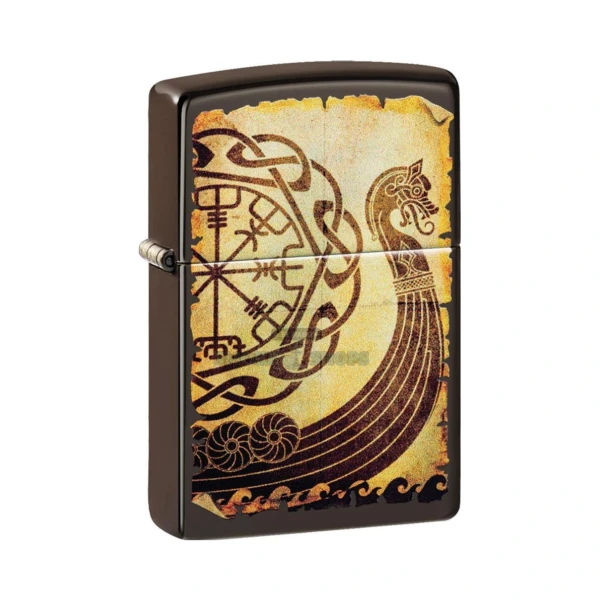 Zippo Viking Warship lighter 49182 in brown matte with a full-color Viking Drakkar longship and Norse rune sail