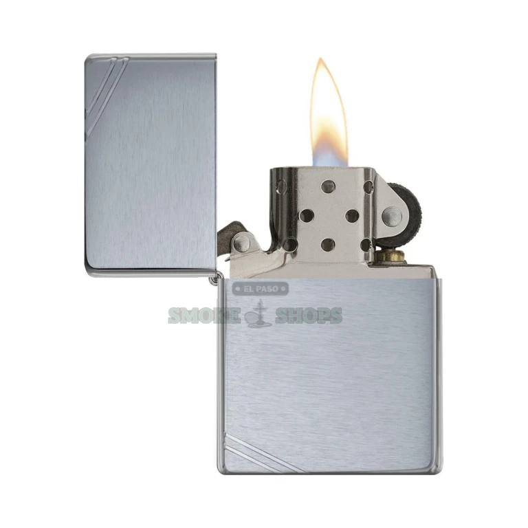 Close-up of the horizontal brushed-chrome grain on the Zippo Vintage case