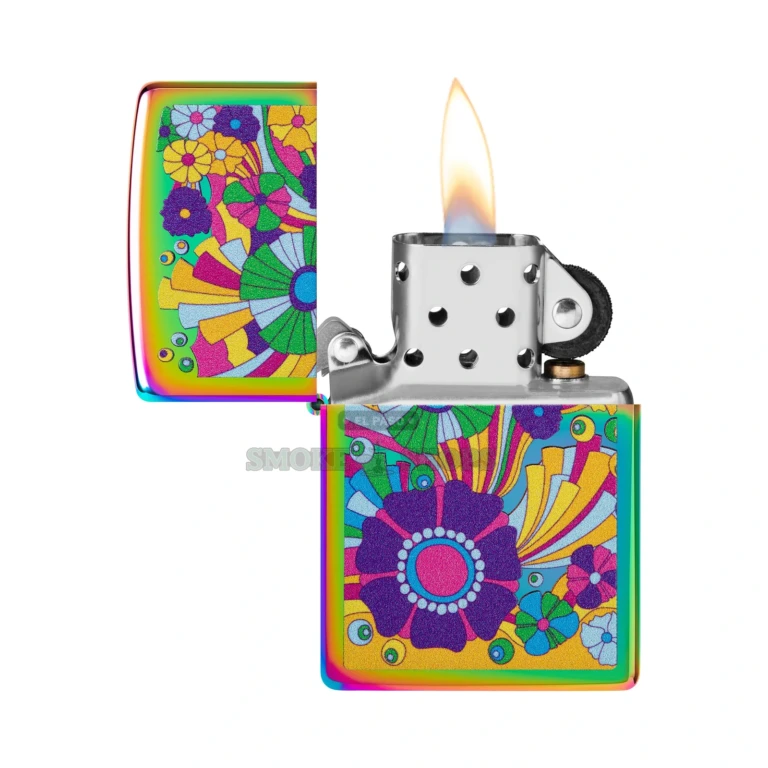 Brass Classic-case Zippo with vivid vintage floral artwork, angled three-quarter view