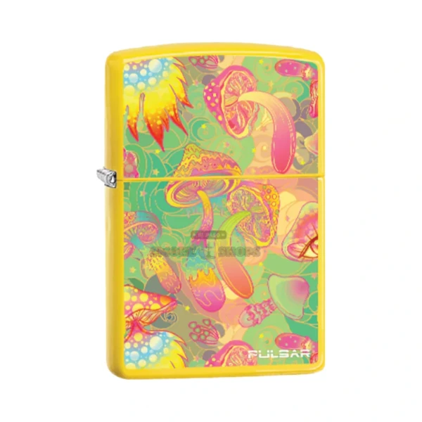 Zippo Watchful Shroom windproof lighter with psychedelic mushroom artwork, closed brass case, front view