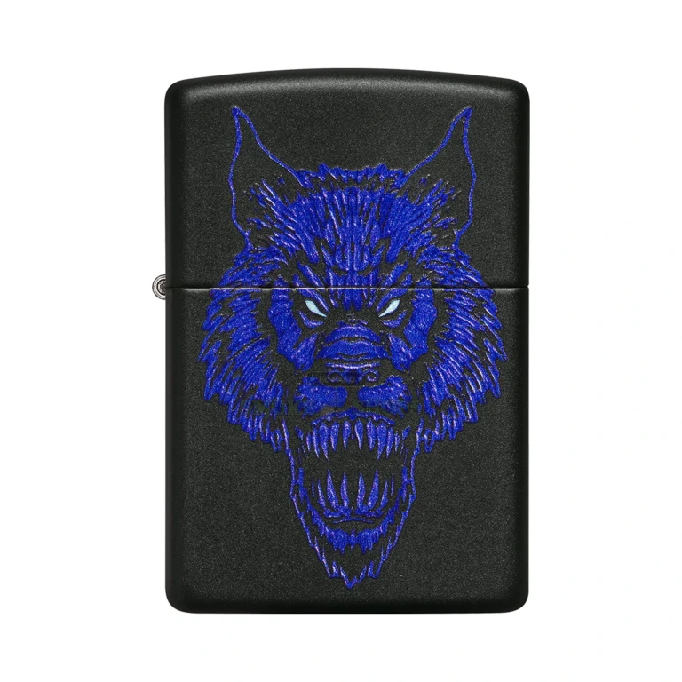 Zippo Werewolf Black Matte windproof lighter, model 49414, front view with full-color lycan design