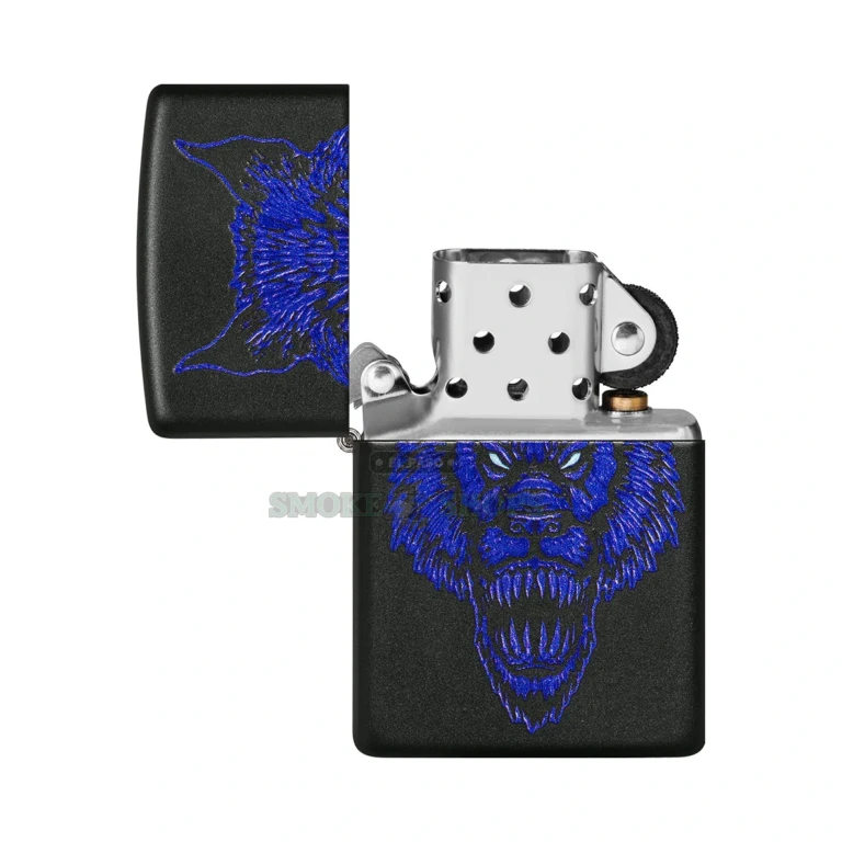 Zippo Werewolf Black Matte windproof lighter, model 49414, front view with full-color lycan design
