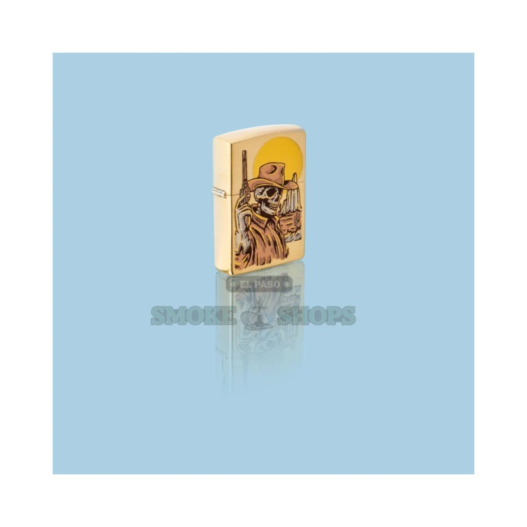 Brushed Brass Zippo 48519 shown open with the lid up, revealing the windproof chimney and wick