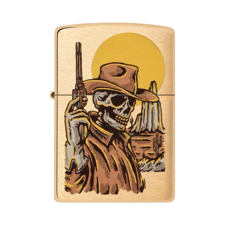 Zippo Wild West Skeleton Design windproof lighter in Brushed Brass, model 48519, closed front view showing the skeletal cowboy color image