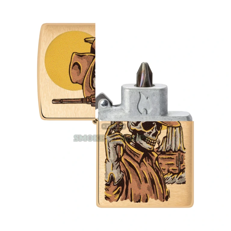 Zippo Wild West Skeleton Design windproof lighter in Brushed Brass, model 48519, closed front view showing the skeletal cowboy color image