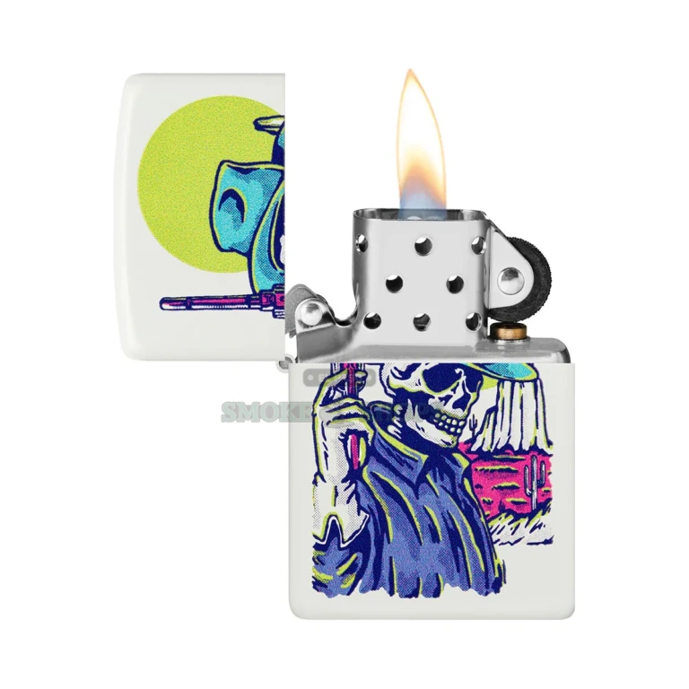 Close-up of the Wild West skeleton cowboy and companion Color Image graphic on the Zippo 48502 White Matte case