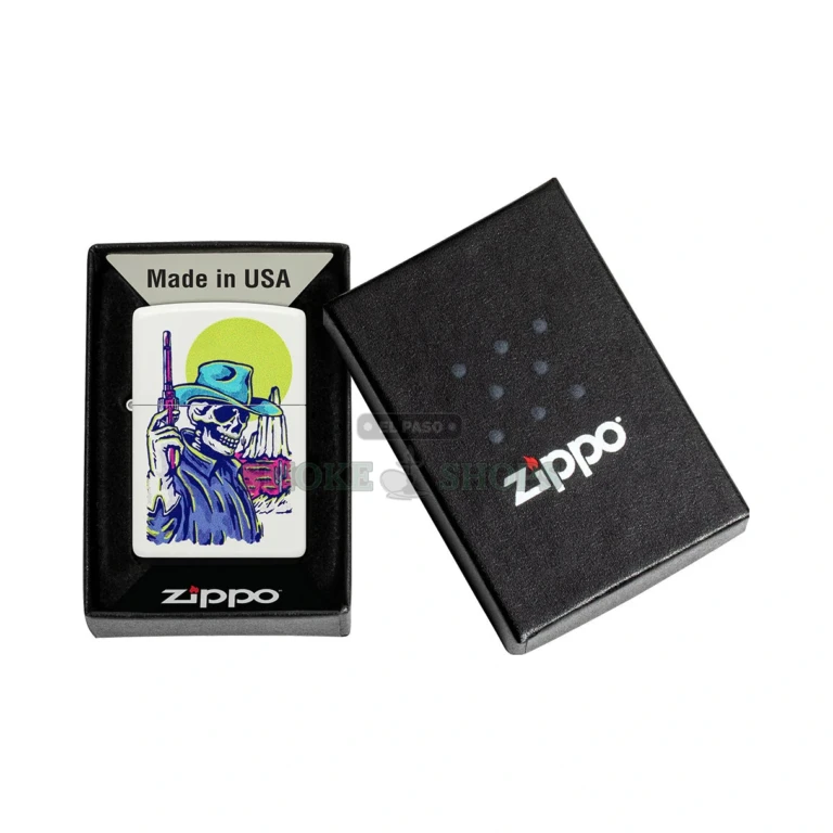 Zippo Wild West Skeleton Cowboy lighter model 48502 in White Matte, front view of the fluorescent pop-art skeleton cowboy design, at El Paso Smoke Shops