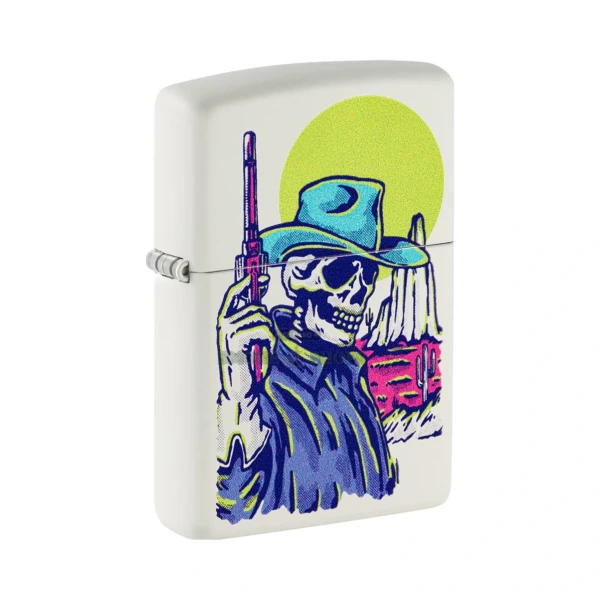Zippo Wild West Skeleton Cowboy lighter model 48502 in White Matte, front view of the fluorescent pop-art skeleton cowboy design, at El Paso Smoke Shops