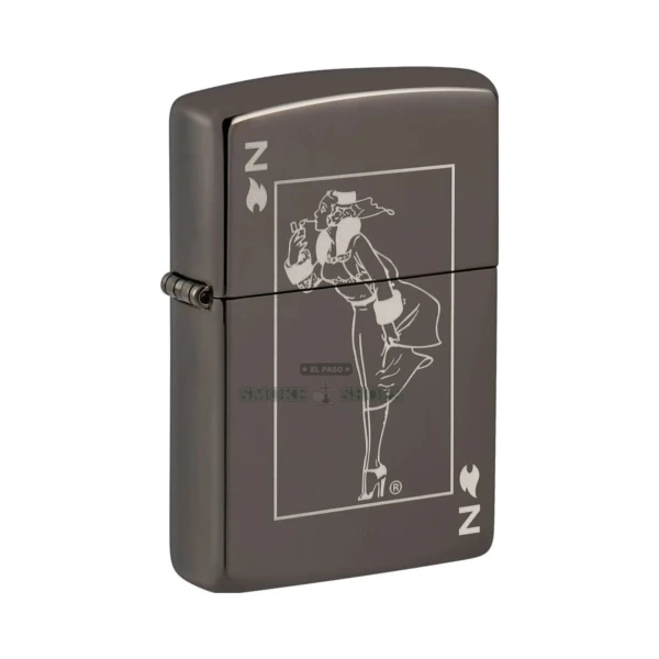Zippo Windy playing-card design lighter in Black Ice finish, model 49797, closed front view