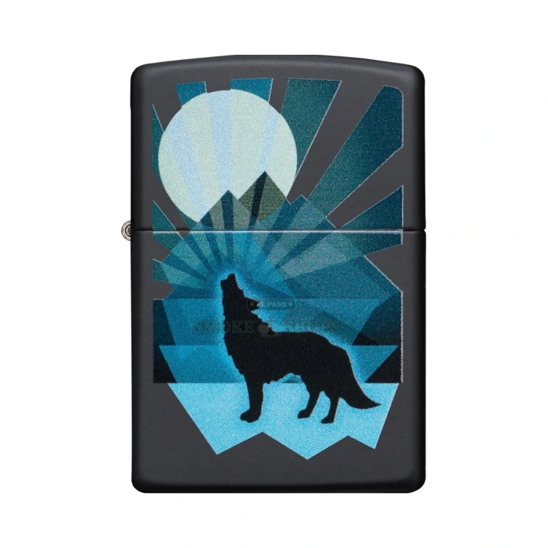 Black matte Zippo 29864 showing the howling wolf and moon design in cool blue hues