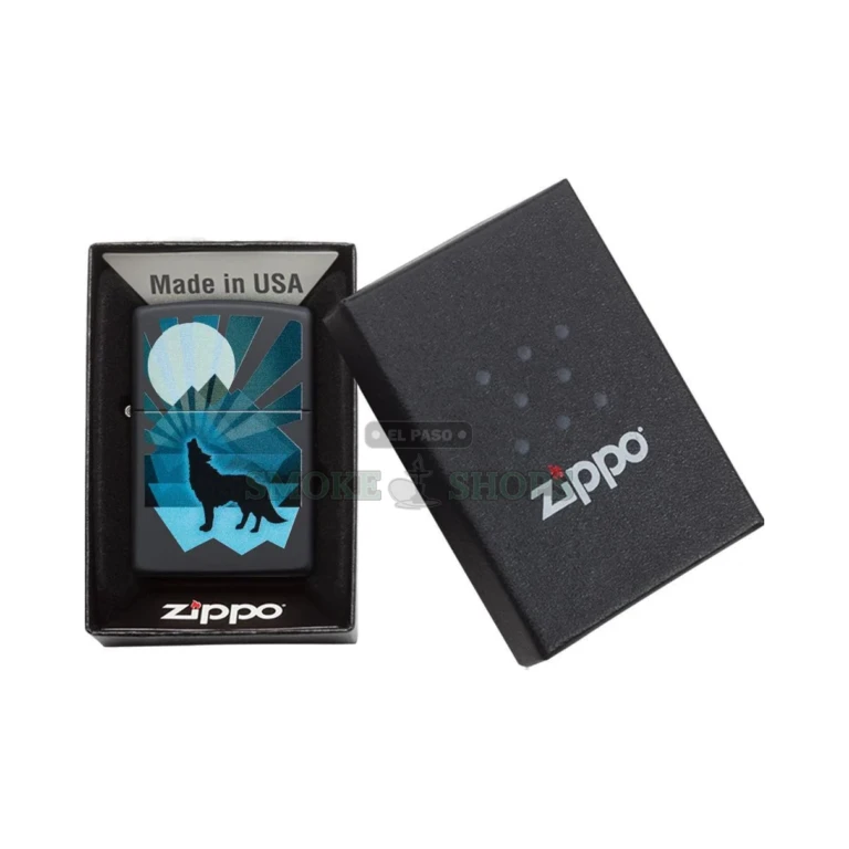 Zippo Wolf and Moon windproof lighter in black matte, model 29864, closed front view
