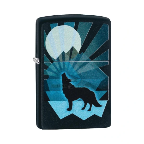 Zippo Wolf and Moon windproof lighter in black matte, model 29864, closed front view