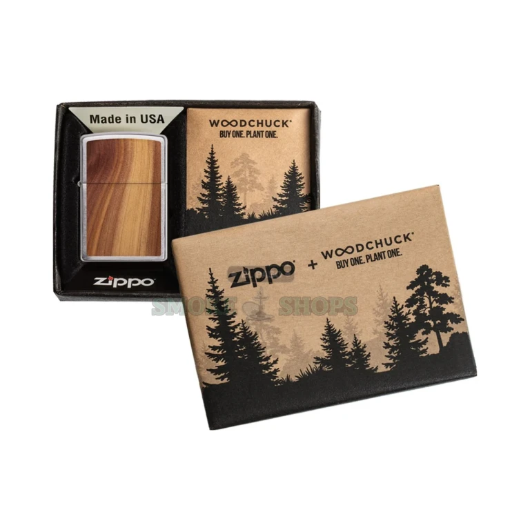 Zippo Woodchuck USA Cedar Emblem lighter in brushed chrome, model 29900, closed front view