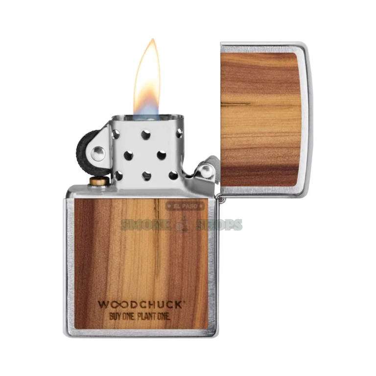 Brushed chrome Zippo Woodchuck Cedar lighter resting in its gift box
