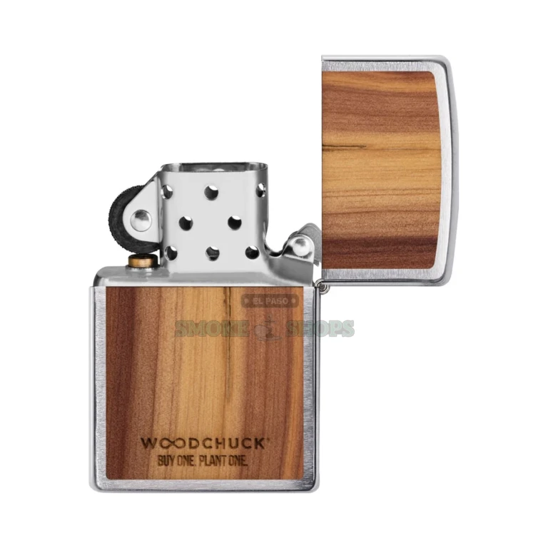 Close-up of the natural cedar grain on the Zippo Woodchuck 29900 emblem
