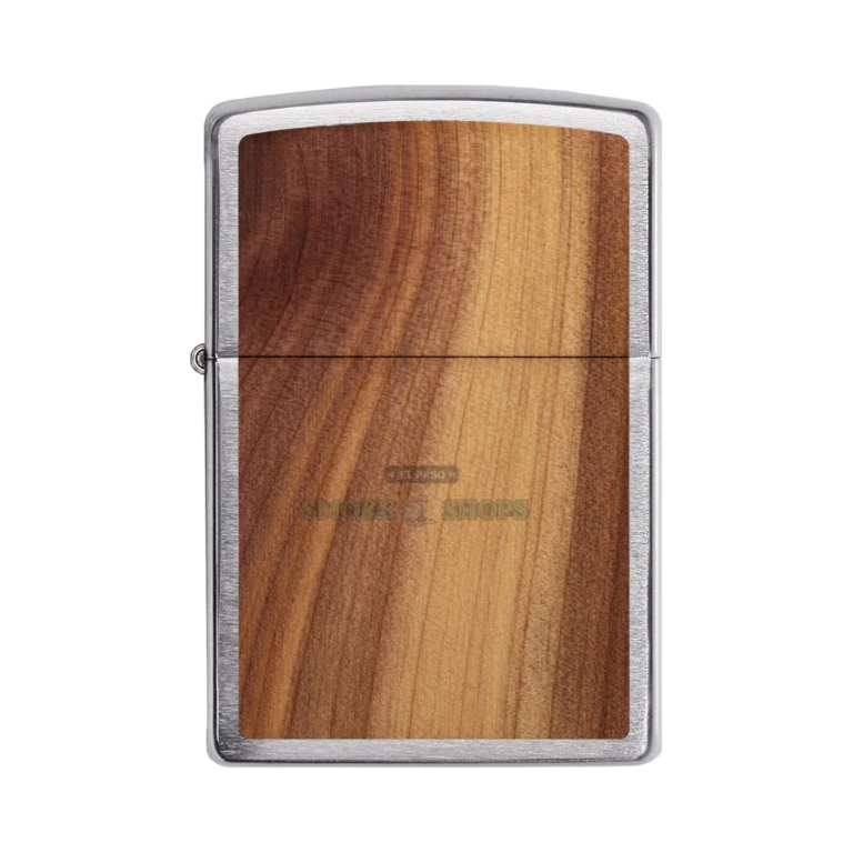 Zippo Woodchuck USA Cedar Emblem lighter in brushed chrome, model 29900, closed front view