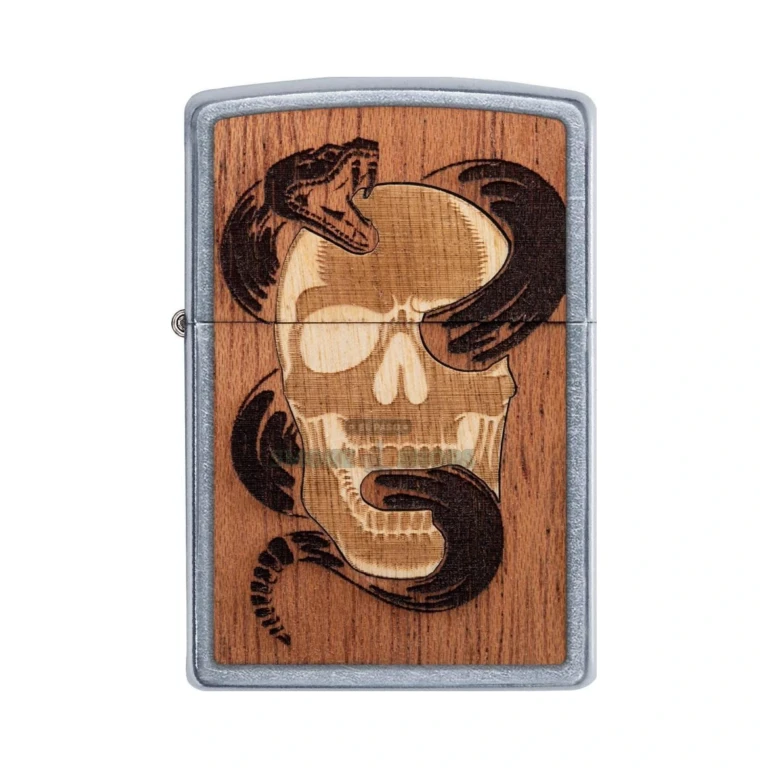 Zippo Woodchuck 49042 lighter shown open with a lit windproof flame and Street Chrome case