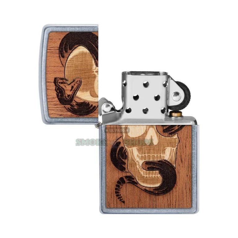 Zippo Woodchuck USA Skull & Snake windproof lighter with real-wood birch and mahogany emblem in a Street Chrome case, front view