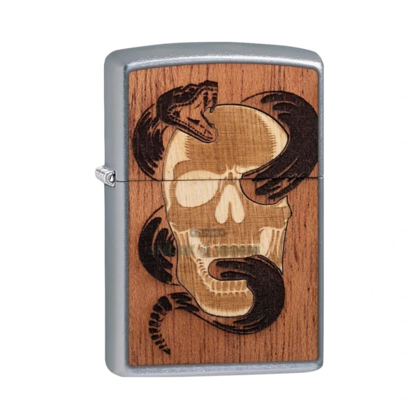 Zippo Woodchuck USA Skull & Snake Real-Wood Emblem Windproof Lighter, Street Chrome (49042)