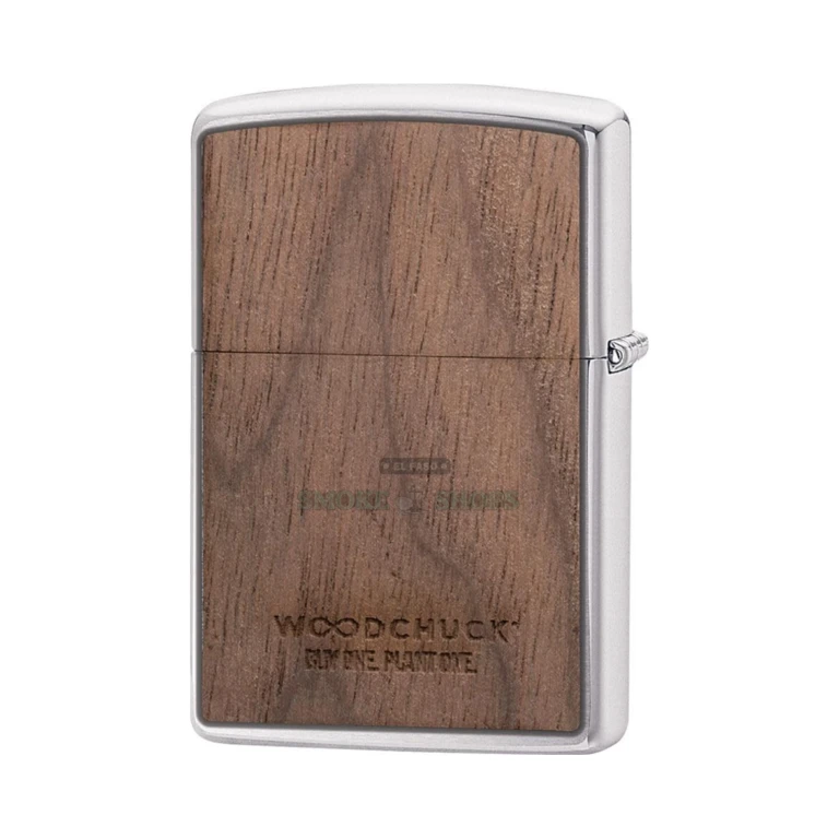 Two-sided real walnut wood emblem on the Zippo Woodchuck USA lighter showing its natural grain