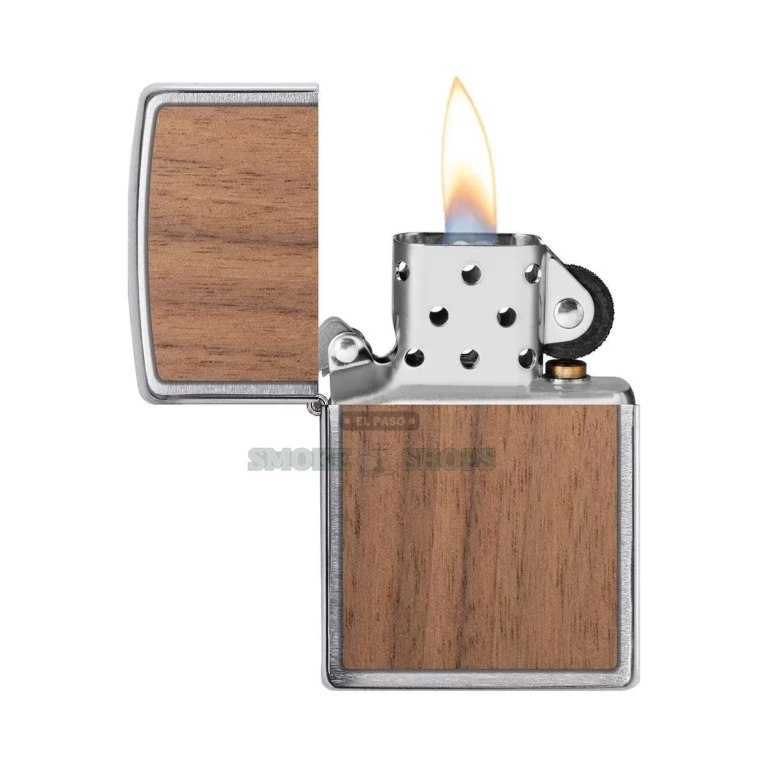 Zippo Woodchuck Walnut lighter open with the windproof flame lit