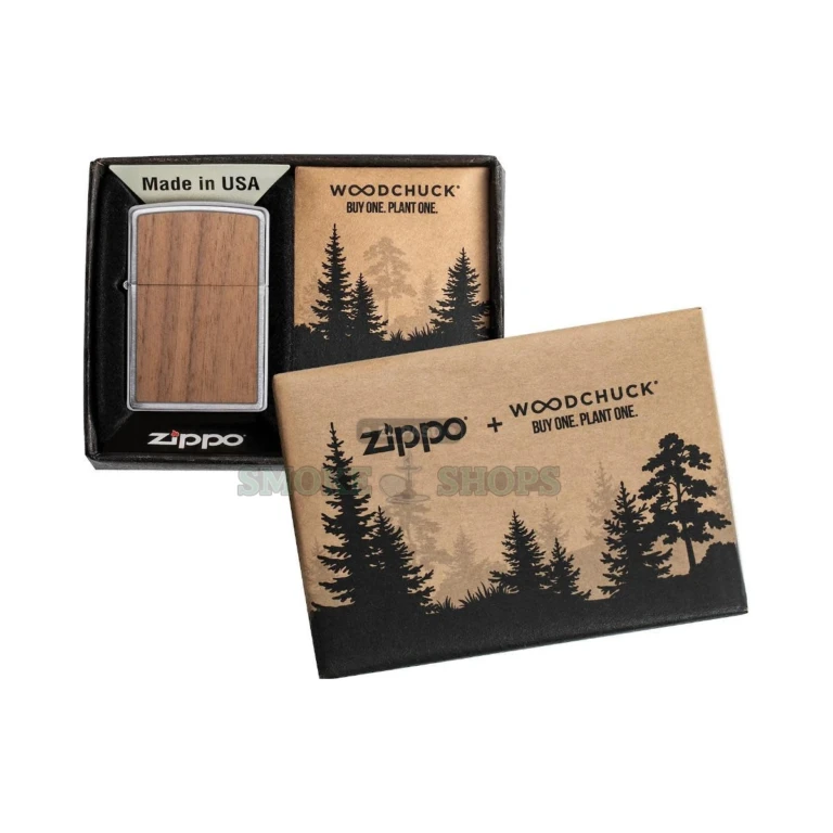 Side profile of the slim brushed chrome Zippo Woodchuck Walnut pocket lighter