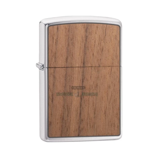 Zippo Woodchuck USA Walnut Wood Emblem windproof lighter in brushed chrome, model 49039, shown closed