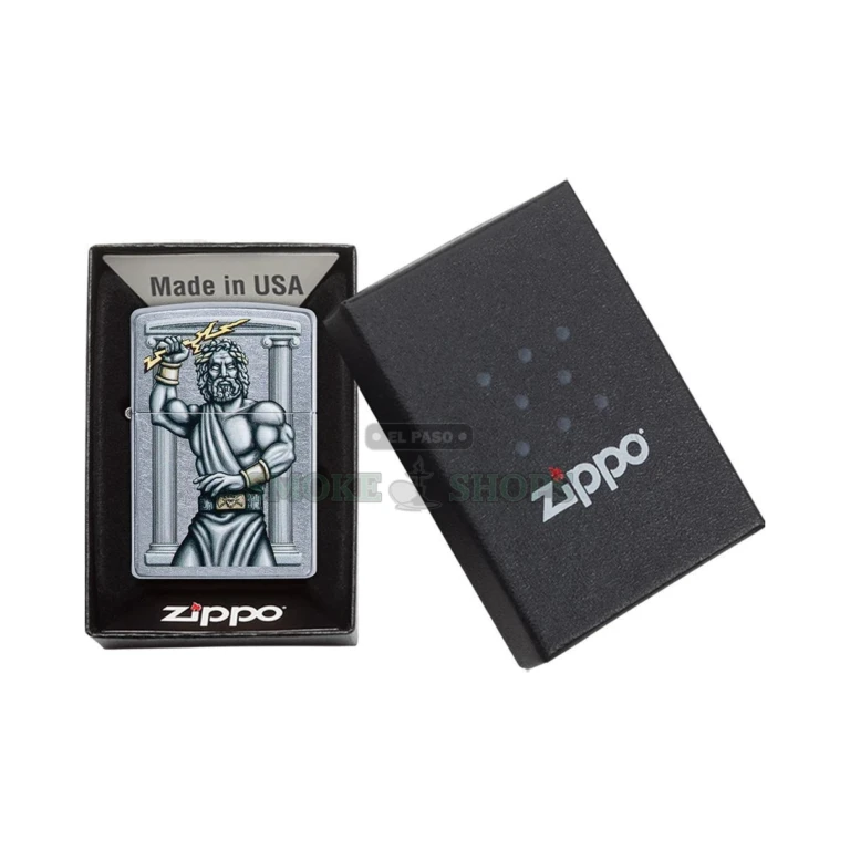 Distressed, pocket-worn Street Chrome texture on the brass Zippo Zeus lighter case