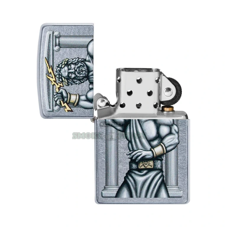 Zippo Zeus Design windproof lighter in Street Chrome finish, model 49137, closed front view