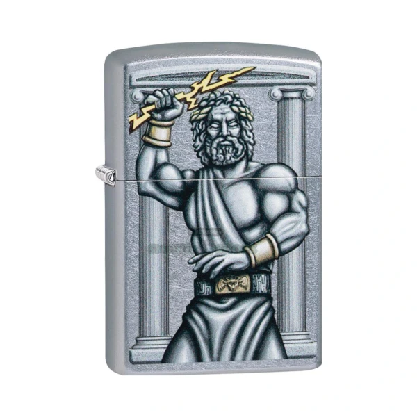 Zippo Zeus Design windproof lighter in Street Chrome finish, model 49137, closed front view