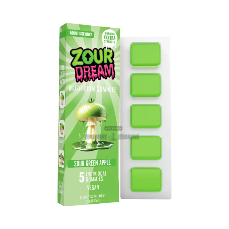 Zour Dream mushroom gummies box back label in El Paso showing 5 count and ingredient list, same-day pickup