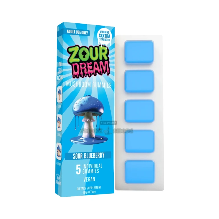 Zour Dream mushroom gummies display box in El Paso at El Paso Smoke Shops counter, pick up today