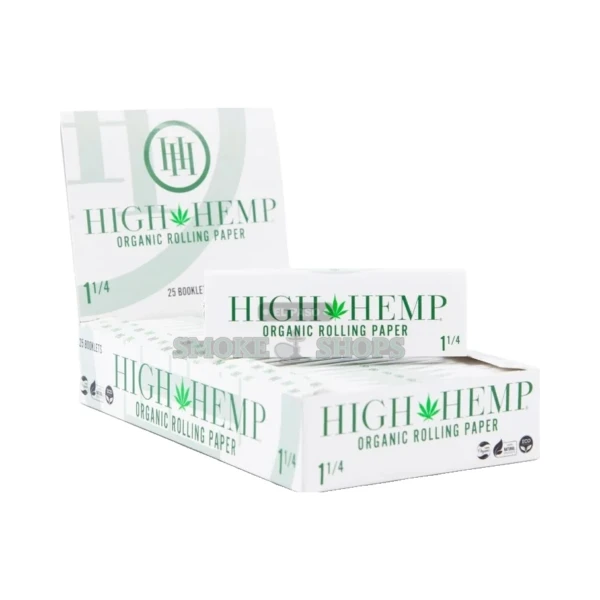 High Hemp 1 1/4 organic hemp rolling papers booklet in El Paso, 32 naturally green unbleached leaves, on the counter