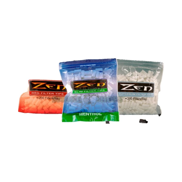 Bag of Zen Filter Tips on the counter at an El Paso Smoke Shop, 200 premium cotton crutch filters for roll-your-own
