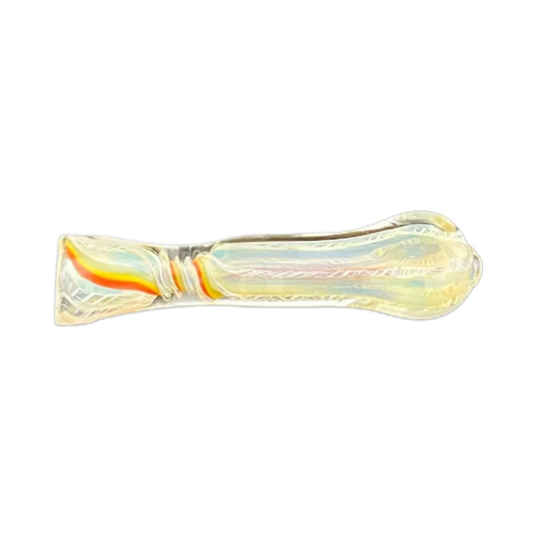 Side view of the slim amber glass chillum showing warm color swirls over a clear borosilicate base, in stock in El Paso