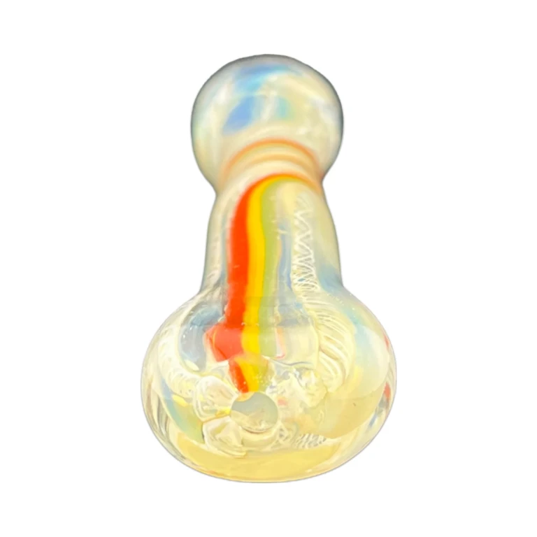 Mouthpiece end of the amber and yellow glass one-hitter chillum with a rounded 3 mm tip, sold at El Paso Smoke Shops