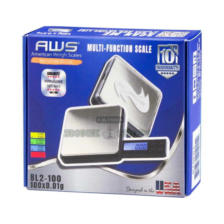 AWS BL2-100 Blade V2 pocket scale in El Paso, 100g x 0.01g, with the backlit LCD swung out from the slim body