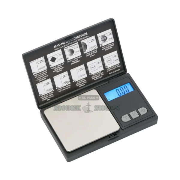 AWS MAX-100 digital pocket scale in El Paso, 100g x 0.01g backlit LCD with flip-up tray, same-day pickup