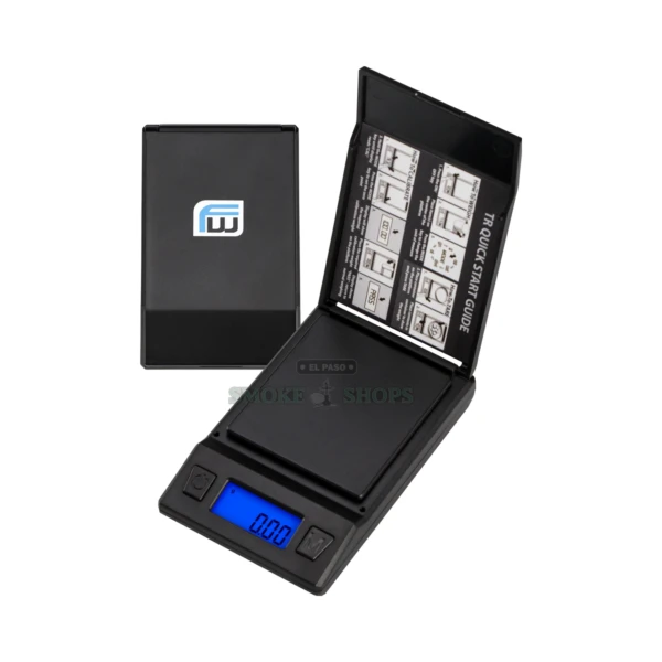 AWS TR-100 digital pocket scale in El Paso, 100 g by 0.01 g, blue backlit LCD and stainless steel platform