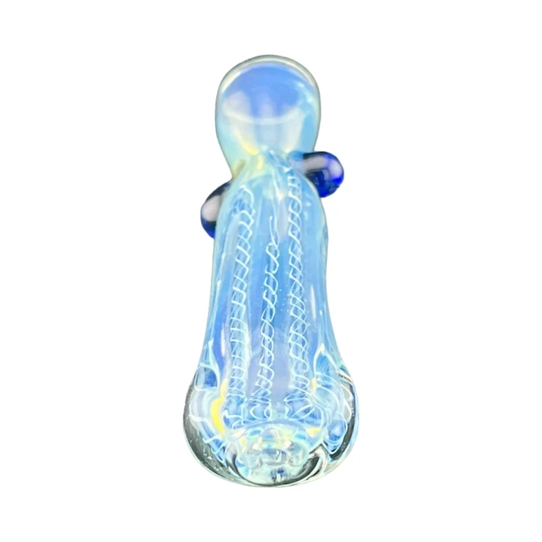 Mouthpiece end of the black stripe blue dots glass one-hitter chillum with a rounded 4 mm tip, sold in El Paso