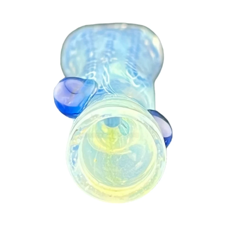 Bowl end of the blue and teal black stripe glass chillum with blue dots, a 3.6 inch one-hitter, in El Paso