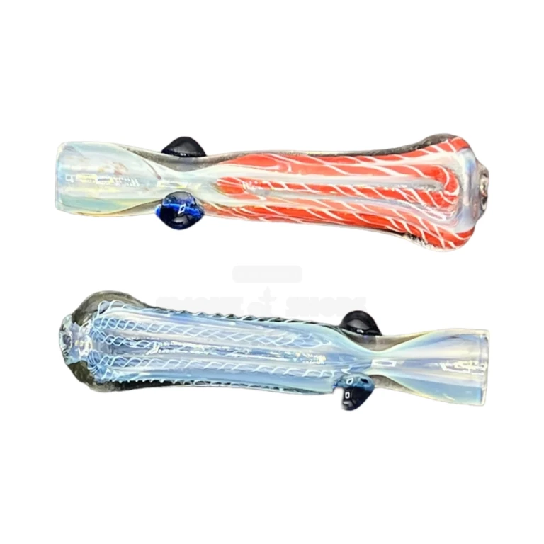 Full length of the 3.6 inch black stripe blue dots borosilicate glass chillum one-hitter at El Paso Smoke Shops