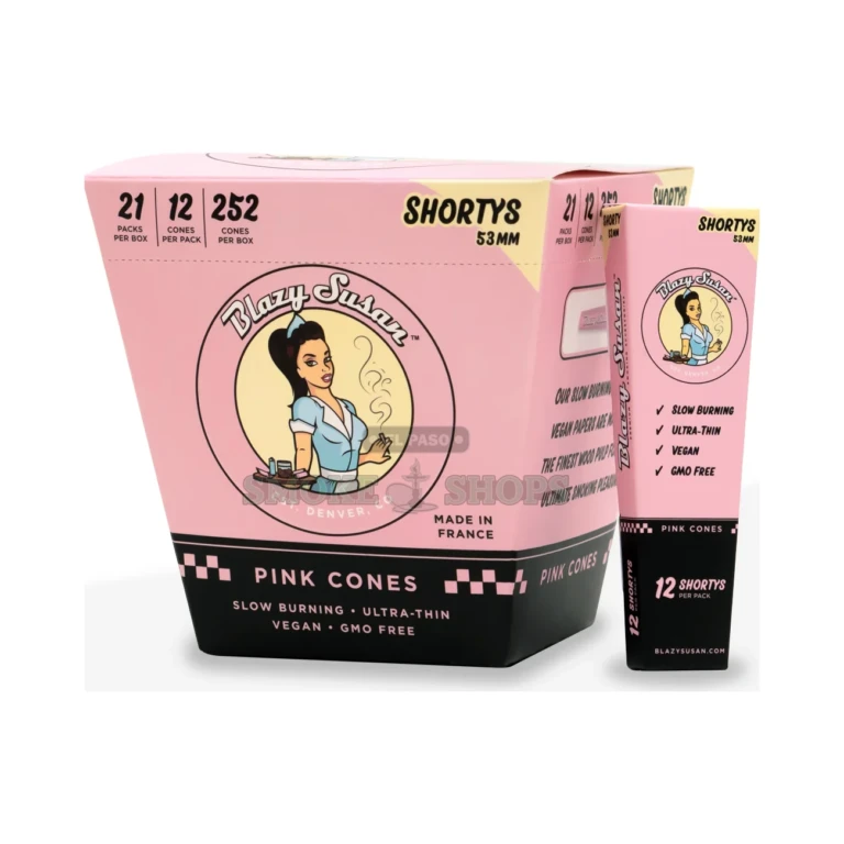 Blazy Susan hemp cones stocked at our El Paso smoke shop, 21 packs of 12 mini 53mm pink cones, reserve in store today
